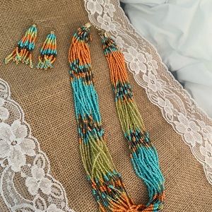 Turquoise, orange, green seed beads necklace with dangle earrings